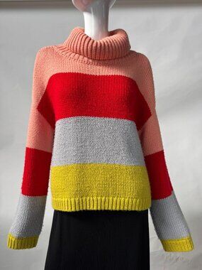 Colorblock Turtleneck Sweater - Pink Red Gray & Yellow Stripes - Medium - Lumièr